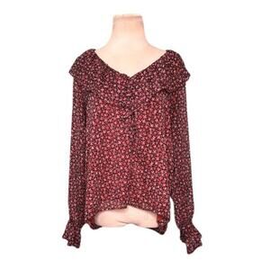 Loft red floral long sleeves ruffled lined sheer blouse size small